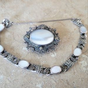 Sterling Silver 925 Brooch and Bracelet Set with Mother of Pearl